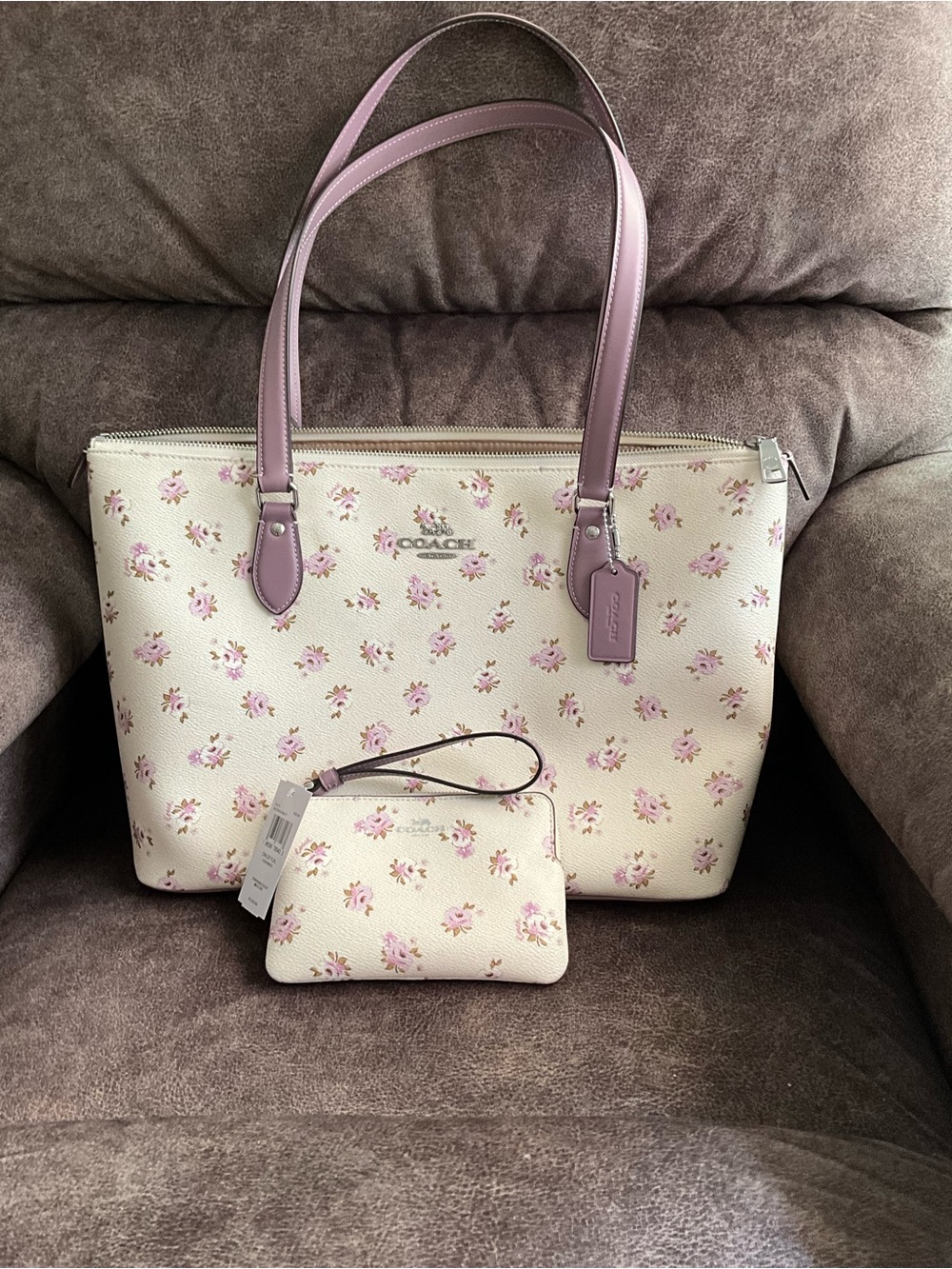 Coach Cream Tote with Pink Floral Print and Pink Leather Handles
